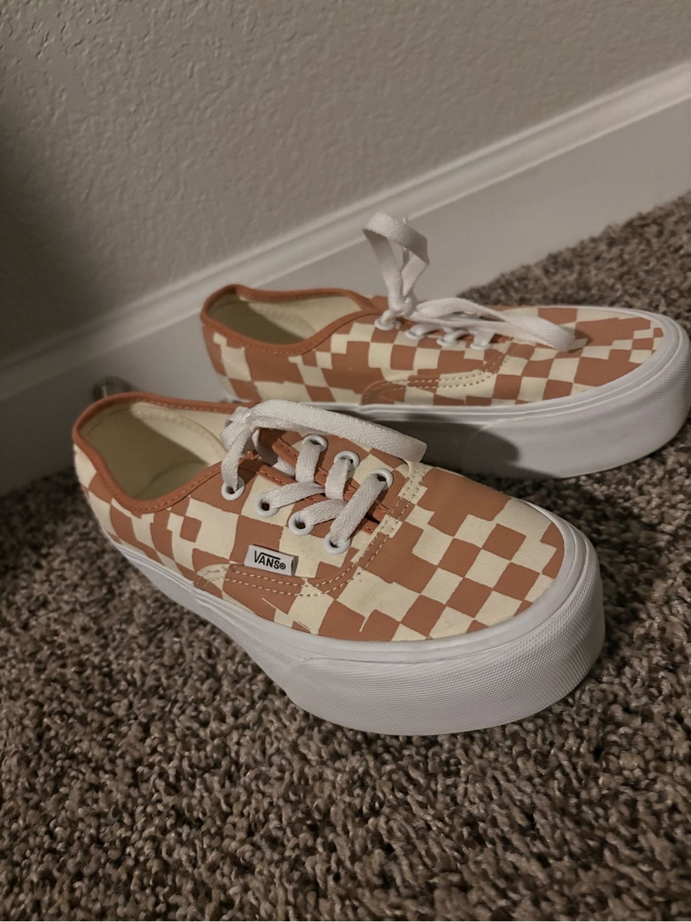 Vans Checkerboard Platform Sneakers in Cream and Tan